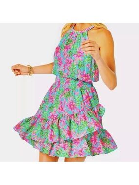 Pamelyn Halter Tiered Mini Dress in Turquoise & Pink